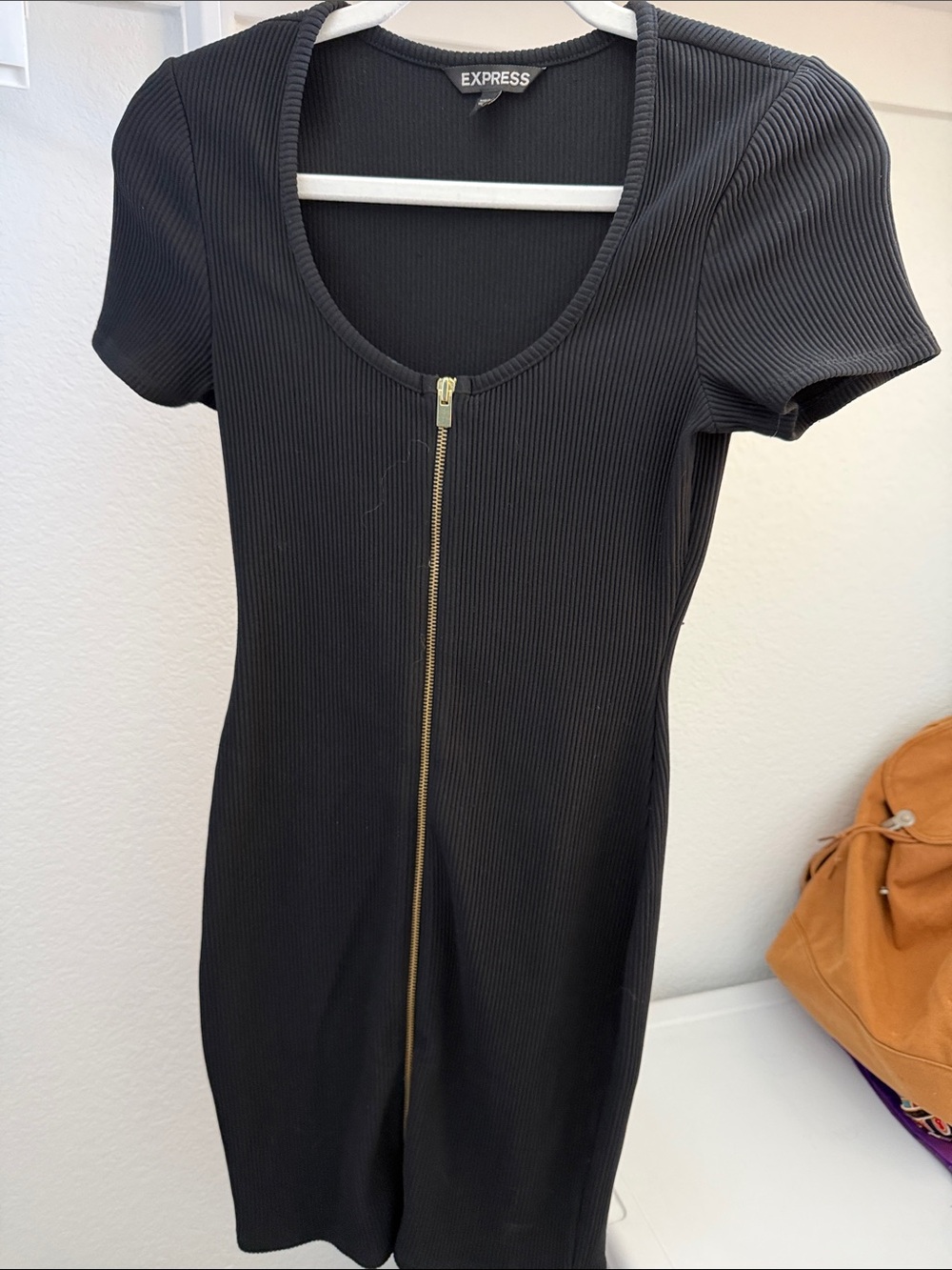 Express Black Ribbed Zip-Front Mini Dress